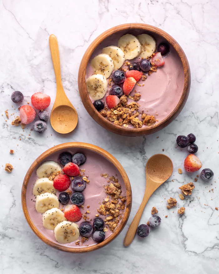 Açaí bowls topped with fruit