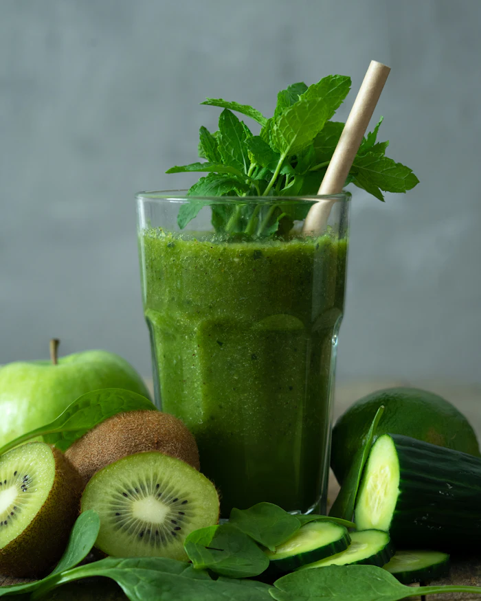 A green smoothie with a straw