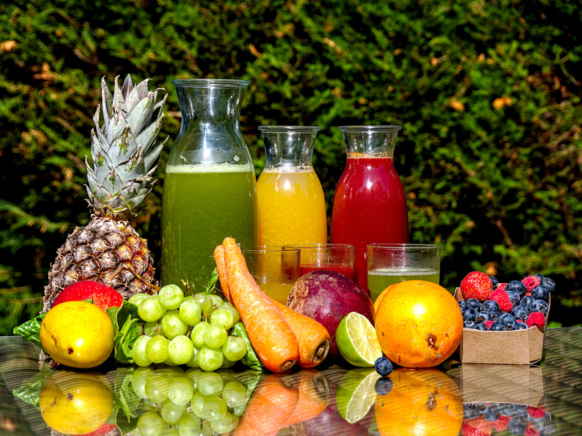 Fresh juices in glass bottles